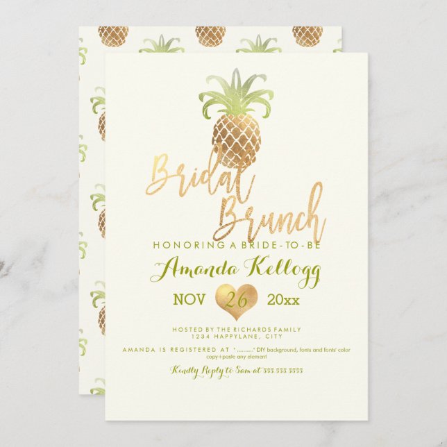 Convite Bridal Brunch/Faux Dourado/Ananás PixDezines (Frente/Verso)