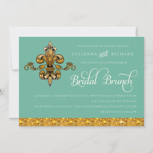 Convite Bridal Brunch Faux Dourado Teal Formal Fleur de Li (Verso)