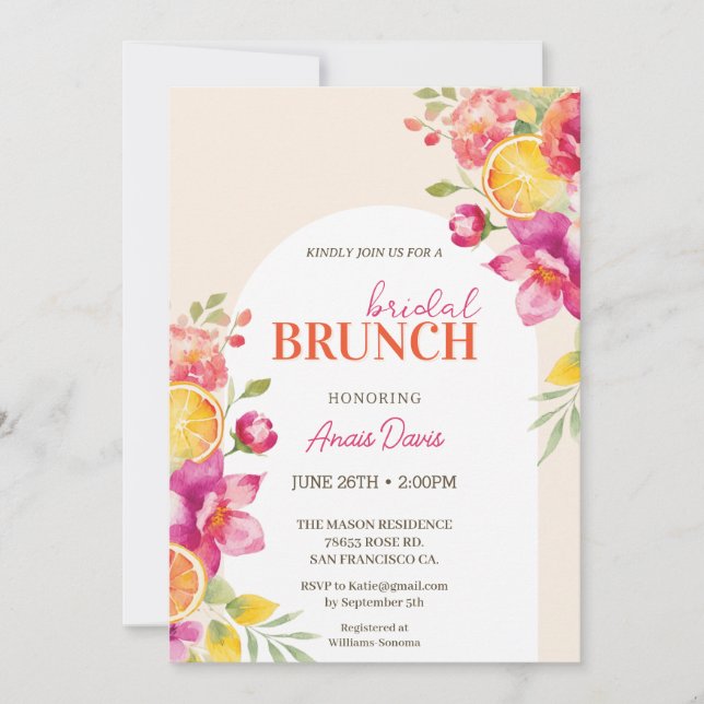 Convite Bridal brunch Floral Citrus Bridal shower  (Frente)