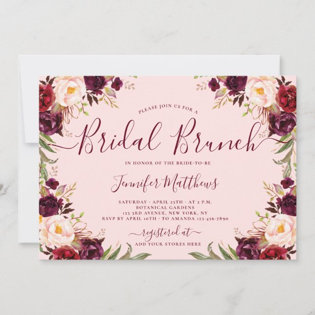 Convite Bridal Brunch Floral Elegante Floral Burgundy Blus (Frente)