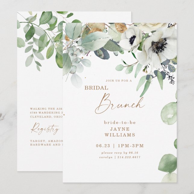 Convite Bridal Brunch Greenery Botânico White Floral (Frente/Verso)