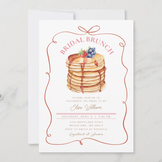 Convite Bridal Brunch Pancake Red Conquette Whimsical (Frente)
