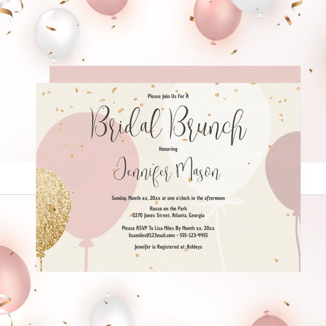 Convite Bridal Brunch, Rosa, Dourado, Chá de panela de Bal (Bridal Brunch, Pink, Gold, Balloon Bridal Shower Invitation)
