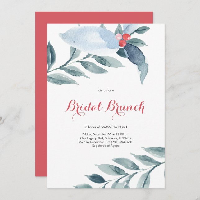 Convite Bridal Brunch Watercolor Red Berries Feriado (Frente/Verso)