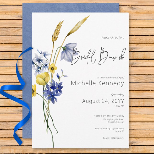 Convite Bridal Brunt de Flores Selvagens Azuis e Amarelas  (Modern Blue & Yellow Wildflowers Bridal Brunch Invitation)