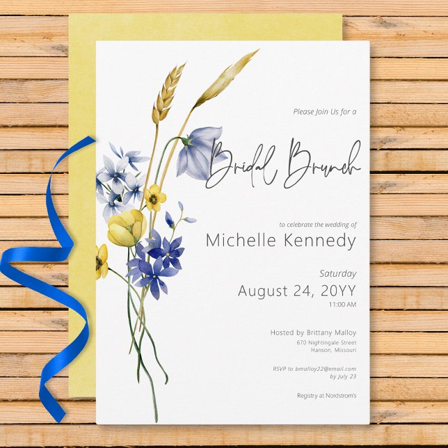 Convite Bridal Brunt de Flores Selvagens Azuis e Amarelas  (Modern Blue & Yellow Wildflowers Bridal Shower Invitation)