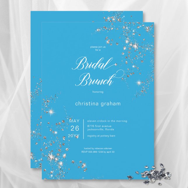 Convite Bridal Brunt de Ouros Azul e Branco Modernos (Modern Blue & White Glam Diamonds Bridal Brunch Invitation)
