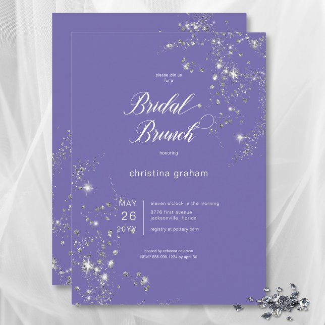 Convite Bridal Brunt de Ouros Bridal da Lavanda Moderna (Modern Lavender White Glam Diamonds Bridal Brunch Invitation)