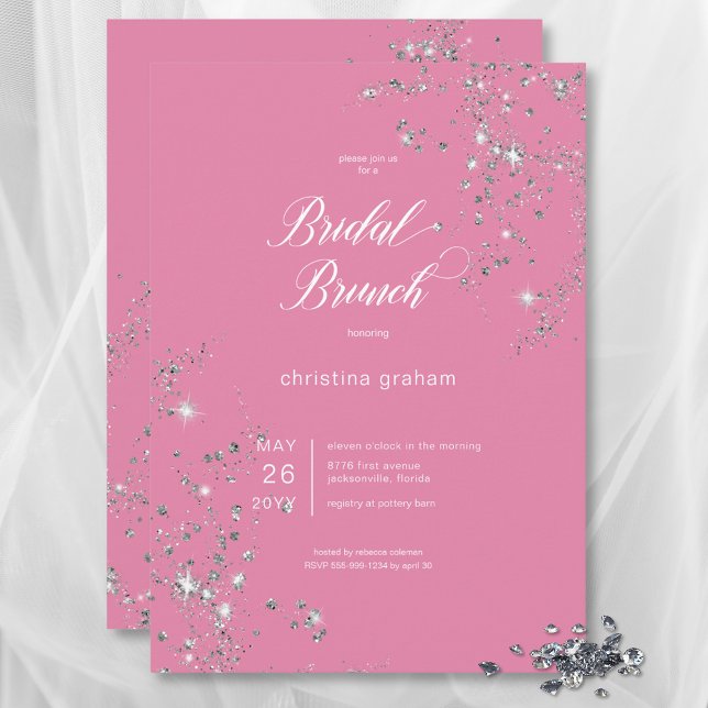 Convite Bridal Brunt de Ouros Bridal, Rosa Moderno e Glam  (Modern Pink & White Glam Diamonds Bridal Brunch Invitation)