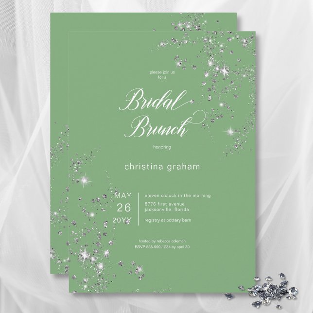 Convite Bridal Brunt de Ouros de Glam Verde e Branco Moder (Modern Green & White Glam Diamonds Bridal Brunch Invitation)