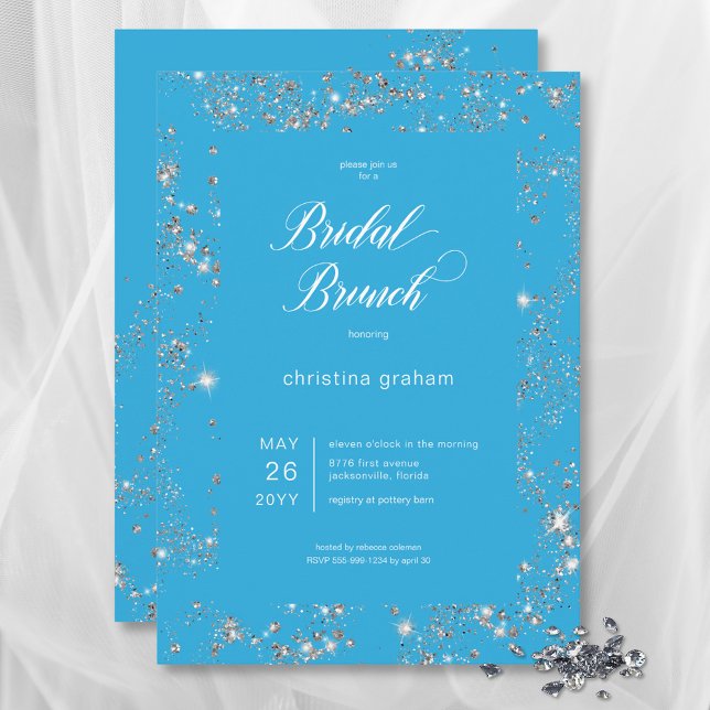 Convite Bridal Brunt de Quadro de Diamante de Glam Azul Mo (Modern Blue Glam Diamond Frame Bridal Brunch Invitation)
