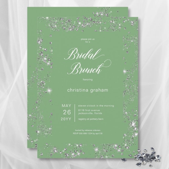 Convite Bridal Brunt de Quadro de Diamante Verde Moderno (Modern Green Glam Diamond Frame Bridal Brunch Invitation)