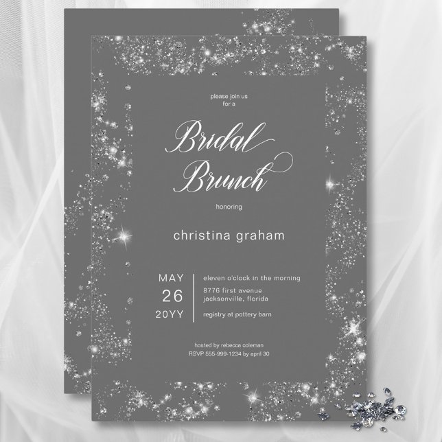 Convite Bridal Brunt - Frame de Glam Diamond da Cinza Mode (Modern Gray Glam Diamond Frame Bridal Brunch Invitation)