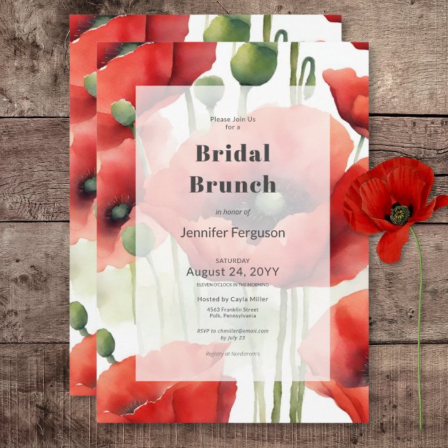 Convite Bridal Brunt - Papagaios Vermelhos Modernos com Co (Modern Retro Watercolor Red Poppies Bridal Brunch Invitation)