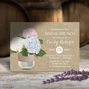 Convite Bridal Bruntic Rustic Hydrangea Mason Jar Burlap