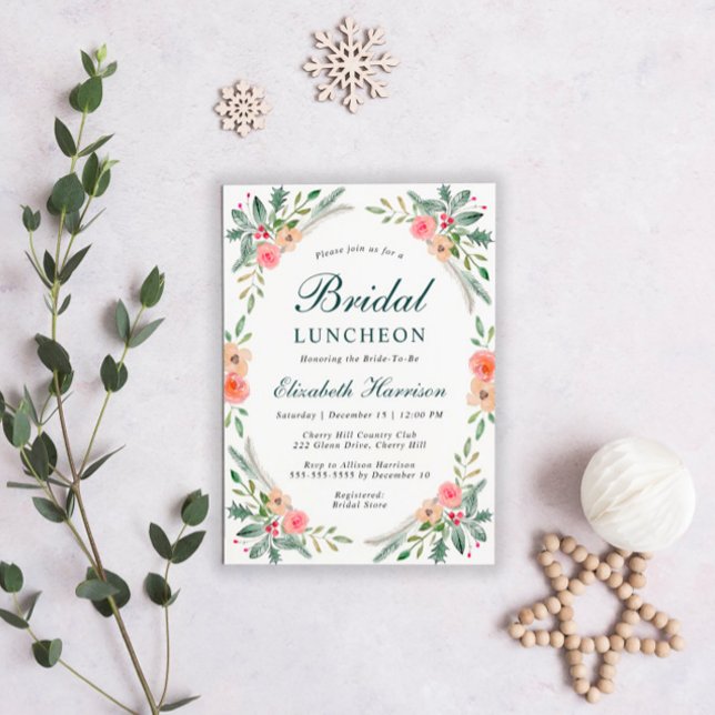 Convite Bridal Christmas Luncheon Floral Watercolor (Criador carregado)