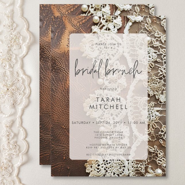 Convite Bridal de couro russo (Rustic Leather & Bridal Lace Bridal Brunch Invitation)