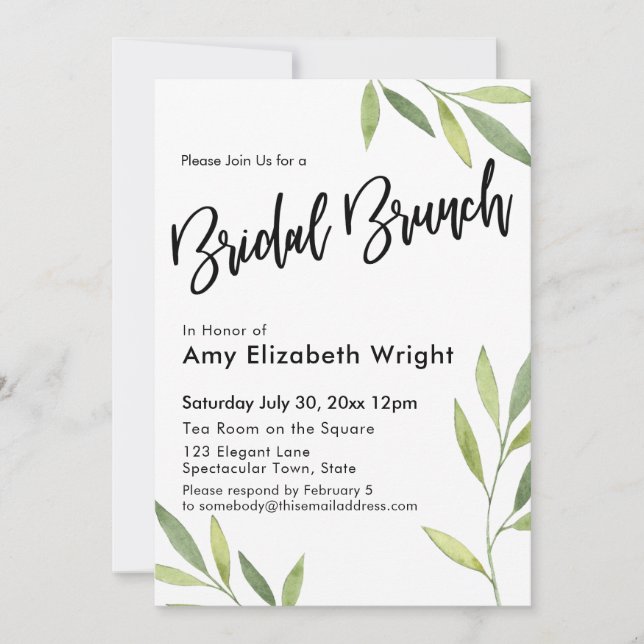 Convite Bridal de Folhagem de Aquarela Verde Brunch (Frente)