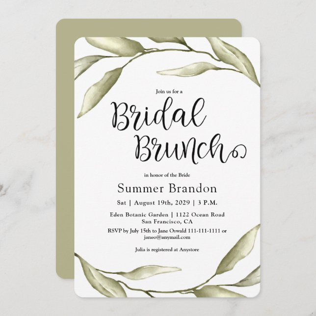 Convite Bridal de Folhagem Verde para Brunch (Frente/Verso)