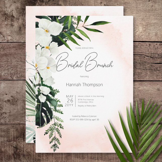 Convite Bridal de Pessegueira Tropical de Boho Bridal de P (Boho Tropical Blush Peach Watercolor Bridal Brunch Invitation)