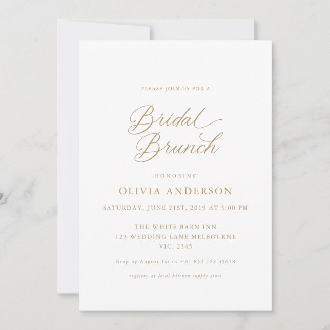 Convite Bridal de Script Moderno Elegante Dourado Brunch (Frente)