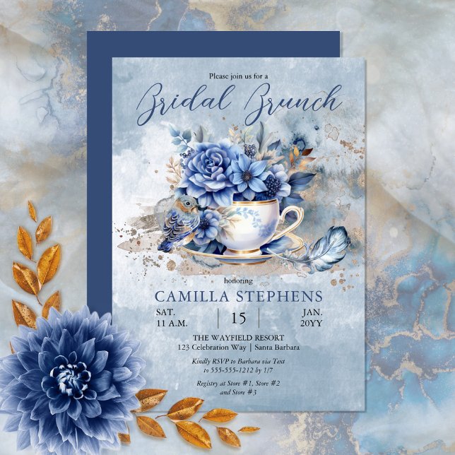 Convite Bridal de Teacup Floral de Inverno Elegante Brunch (Create a magical bridal celebration with this beautiful blue winter floral teacup and bird design.)
