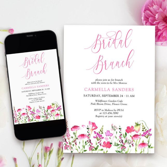 Convite Bridal Elegante Feminina de Flores Selvagens Rosa  (Bridal Brunch Invitation from my Pink Wildflower Collection. Message me for co-ordinating items.
)