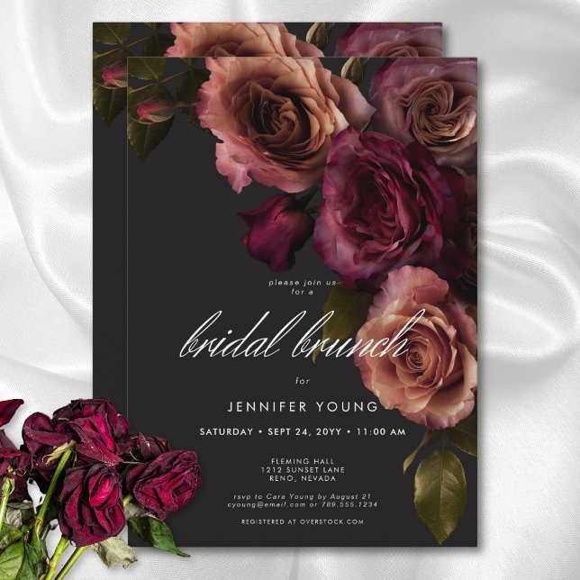 Convite Bridal Elegante Moody Rust & Burgundy (Elegant Moody Rust & Burgundy Floral Bridal Brunch Invitation)