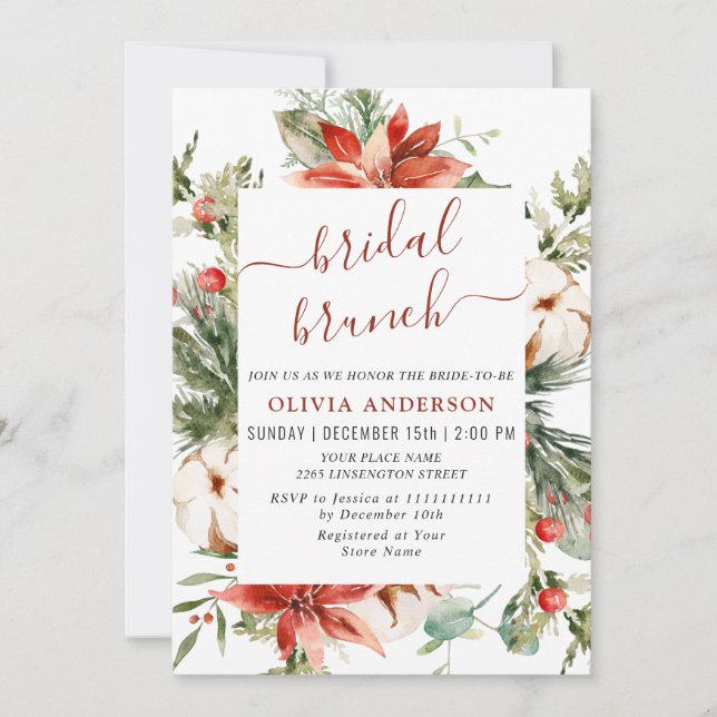 Convite Bridal Elegante Red Poinsettia Watercolor Brunch (Frente)