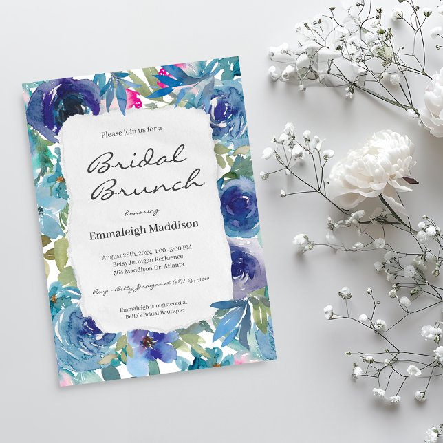 Convite Bridal Floral Azul Sereia de Papel Torno Brunch (Criador carregado)