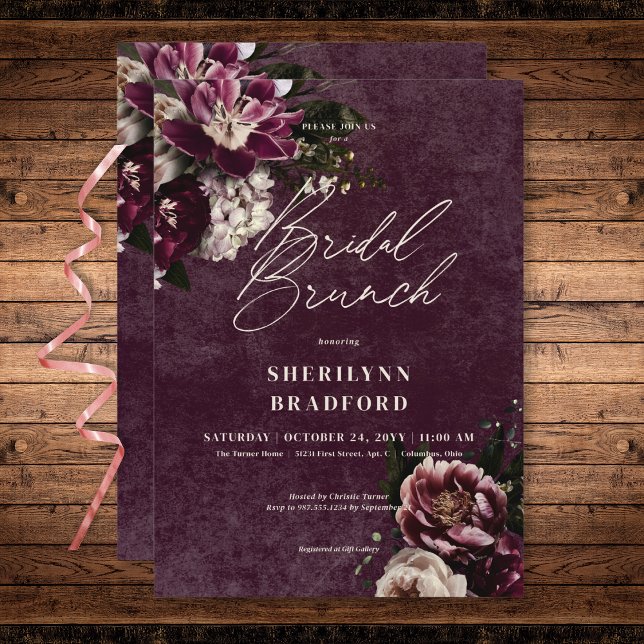 Convite Bridal Floral Branca e Borgonha Elegante Escura (Dark Elegant Burgundy & White Floral Bridal Brunch Invitation)