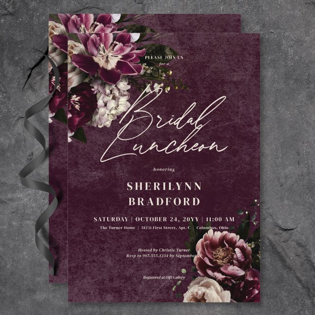 Convite Bridal Floral Branca e Borgonha Elegante Escura (Dark Elegant Burgundy & White Floral Bridal Brunch Invitation)
