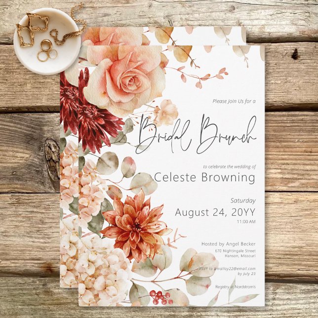 Convite Bridal Floral de Boho com queda picante (Spicy Fall Rust & Blush Boho Floral Bridal Brunch Invitation)