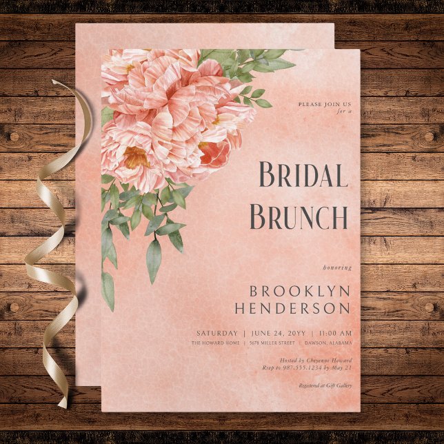 Convite Bridal Floral de Peões Blush Moderno Brunch (Modern Blush Peach Peonies Floral Bridal Brunch Invitation)