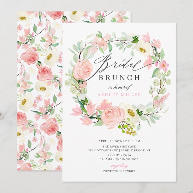 Convite Bridal Floral de Peões Rosa de Aquarela Brunei (Frente/Verso)