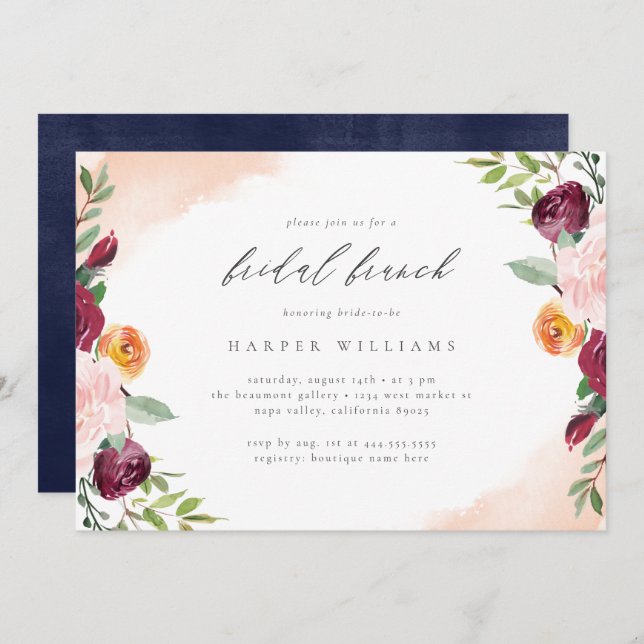 Convite Bridal Floral Marinho Blush Bridal Brunch (Frente/Verso)