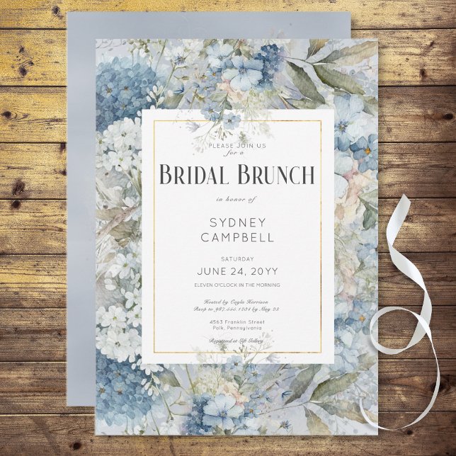 Convite Bridal Fluvial Floral de Cores Aquáticas Russas Br (Rustic Blue Floral Watercolor Bridal Brunch Invitation)