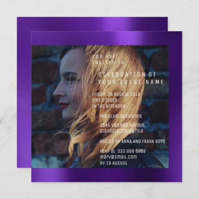 Convite Bridal Foto Graduação Birthday Plum Metálico (Frente/Verso)