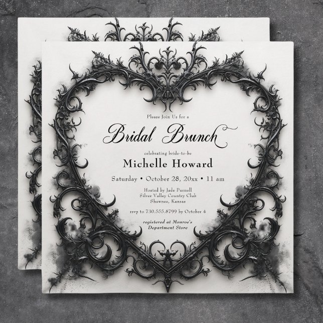Convite Bridal Gothic Black & White Filigree Heart Brunch (Gothic Black & White Filigree Heart Bridal Brunch Invitation)