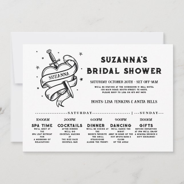 Convite Bridal Itinerária Bachelorette Rock n Roll Heart (Frente)