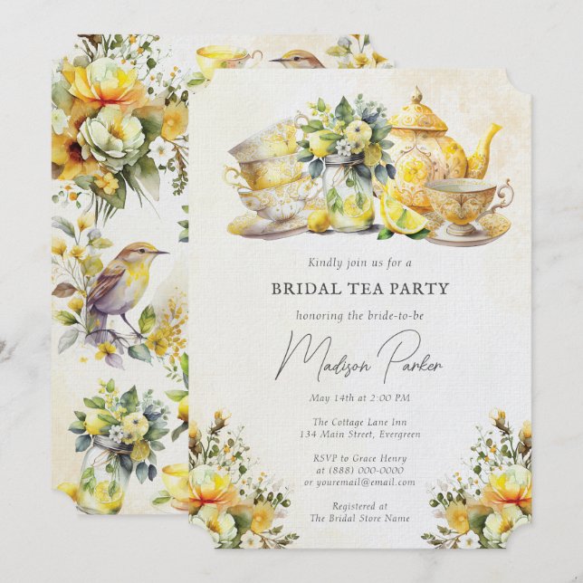 Convite Bridal Lemon Tea Party Vintage (Frente/Verso)
