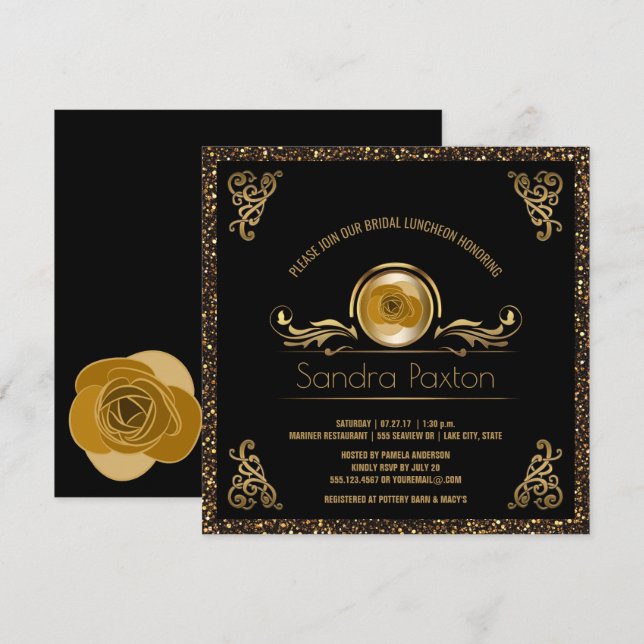Convite Bridal Lunchee Preto Dourado| Chá de panela de cas (Frente/Verso)