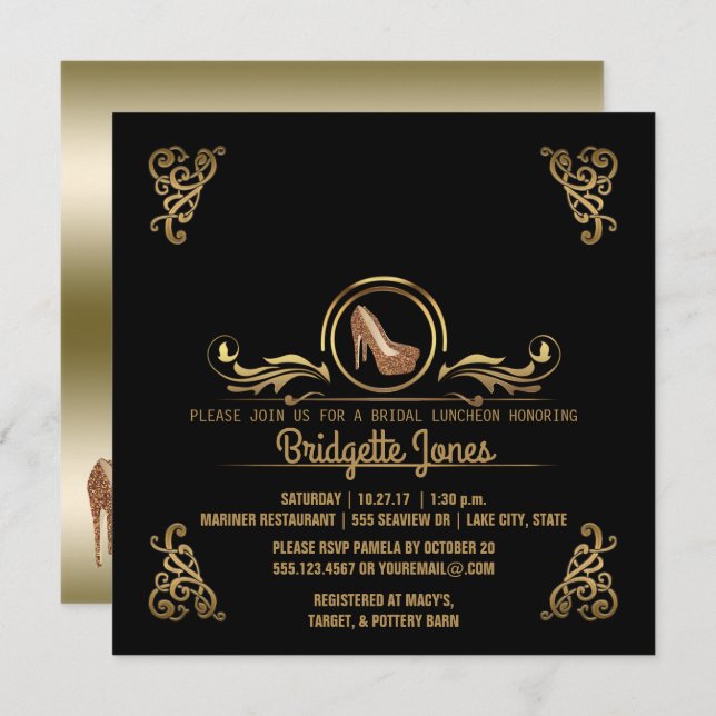 Convite Bridal Lunchee Preto Dourado| Chá de panela de cas (Frente/Verso)