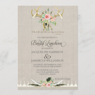 Convite Bridal Luncheon BOHO Feather Deer Antler Rosas Art