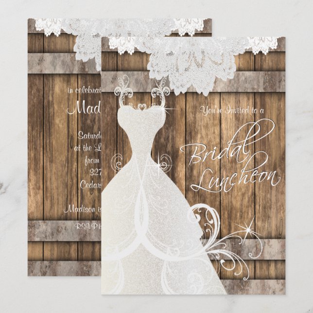 Convite Bridal Luncheon em Madeira e renda russos (Frente/Verso)