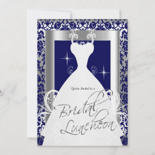 Convite Bridal Luncheon em Marinho Blue Damask & Silver