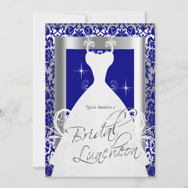 Convite Bridal Luncheon em Royal Blue Damask & Silver (Frente)