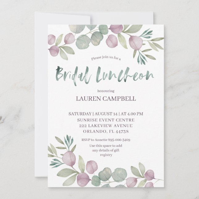 Convite Bridal Luncheon Eucalyptus Watercolor (Frente)