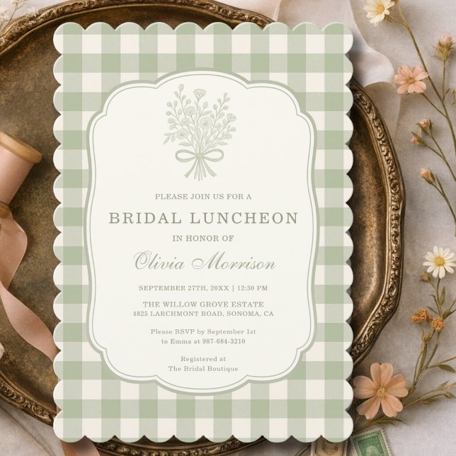 Convite  Bridal Luncheon Gingham Sage Green Floral Bow (Criador carregado)