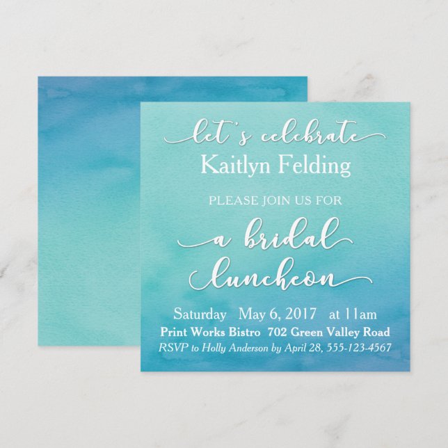 Convite Bridal Luncheon Teal & Blue Watercolor Ombre (Frente/Verso)